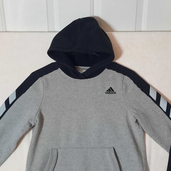 Adidas Youth Warm Pullover Hoodie Small Logo, Gray Black Stripes Size 14-16 EUC - Picture 2 of 10